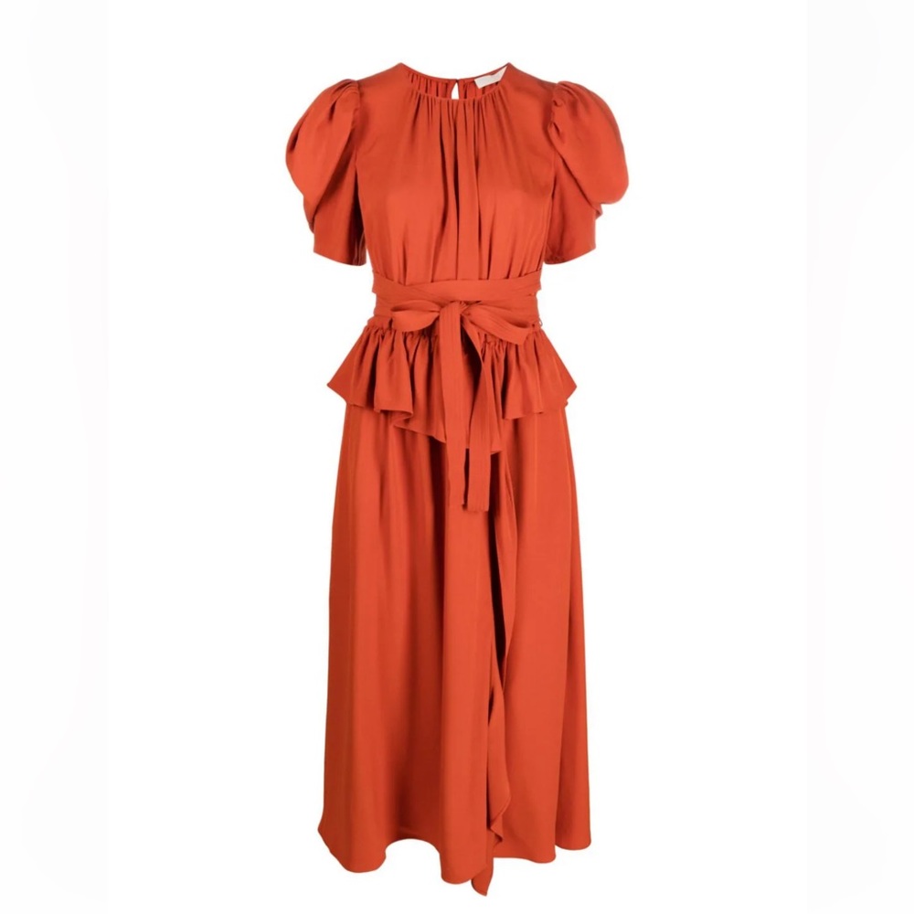 Ulla Johnson, Marion Puff-Sleeve Belted Peplum Midi Dress In Noir Red Size 6 - Picture 5 of 10